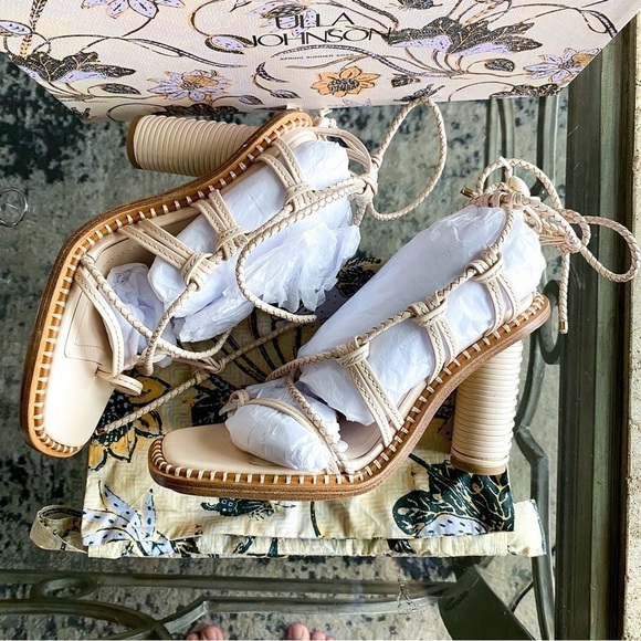 Ulla Johnson Heel Cora Seashell High Leather Braided-Straps Pearled Ivory 37 NIB - Picture 3 of 9